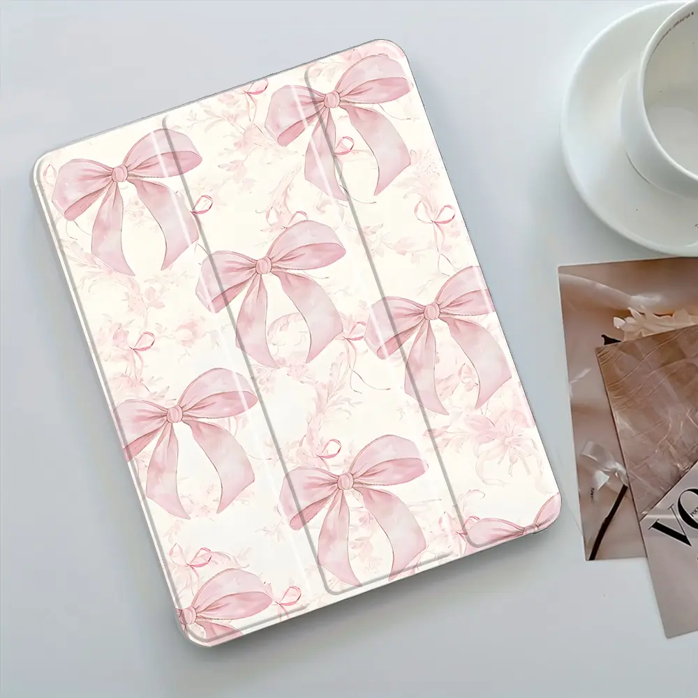 Pink Watercolor Bow Design Three-Tier Stand Pad Case, Transparent Acrylic Hard Back, Pencil Slot & Charger Port, Fits iPad 7.9/10.2/10.9/11/12.9 inch, Shock-resistant Protective Case for Home & Office, Tablet Cover, iPad Covers