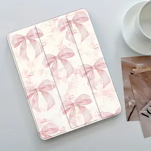 Pink Watercolor Bow Cute Design Three-Tier Stand iPad Case,Transparent Acrylic Hard Back,Pencil Slot & Charger Port,Fits iPad 7.9/8.3/10.2/10.5/10.9/11/12.9 13 inch,Shock-resistant Full Cover Protective Case Suitable for Offices Schools Homes,Tablet Cover