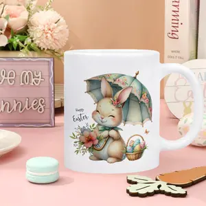Easter Bunny Mug Watercolor Rabbit Flower Coffee Mug Happy Easter Ceramic Drinking Cup for Easter Party Home School Office Decor Gift, 11oz cute naughty funny