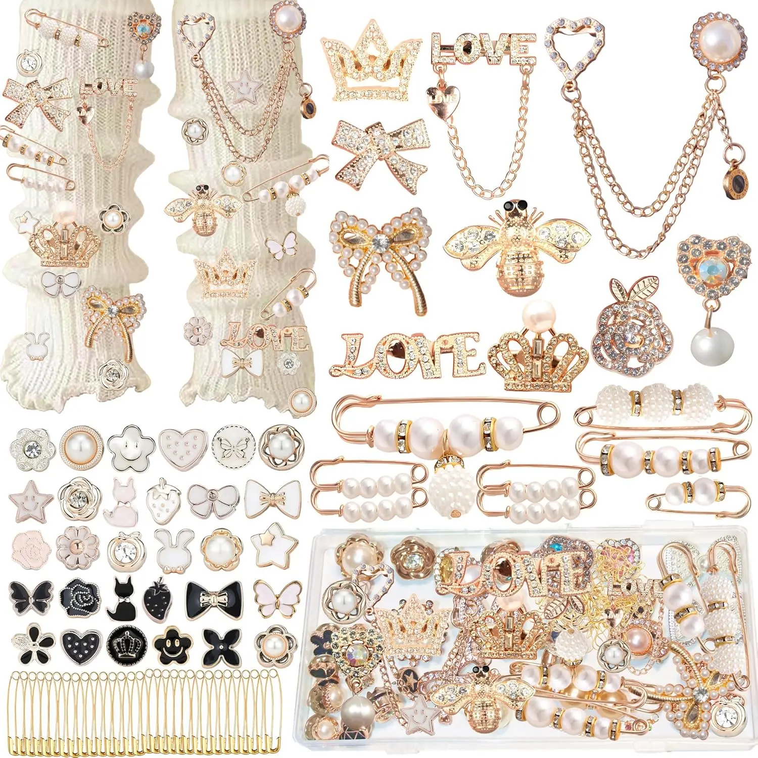 8/78/100/122Pcs Junk Socks Charms Kit, Gold Brooches and Pins for Women,Pearl and Rhinestone Sock Charms with Safety Pins, DIY Accessories for Decorating and Personalizing Socks Clothes Hats Shoes Scarf Shawl outdoorfun