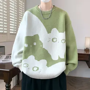 Cute Cat Colorblock Crewneck Sweater For Couples, Lazy Style Knitwear, Autumn Winter Fashion Casual Tops Long Sleeve Womenswear Knitting Piece