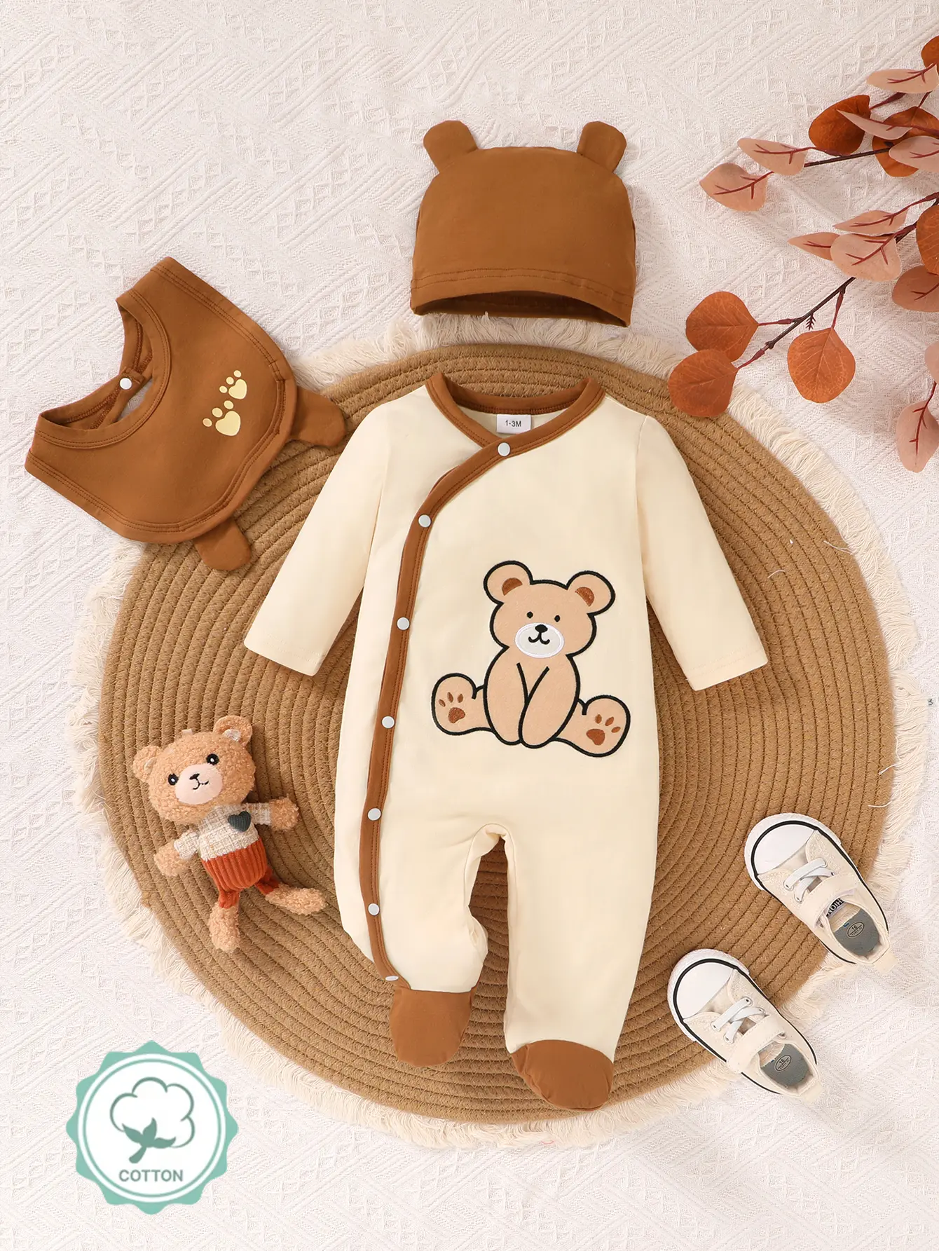 Boy's 3-Piece Casual Cute Baby Bodysuit Set Pack - Autumn Plush Embroidery Cartoon Bear Pattern Diagonal Button Contrast Jumpsuit with 3D Hat Bib, Soft Comfortable for Daily Use, Photography