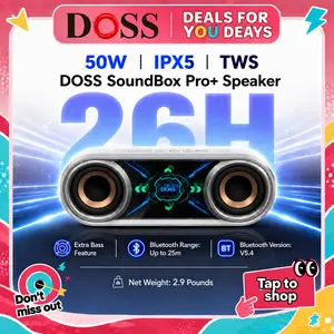 DOSS SoundBox Pro+ P400 Bluetooth Wireless Outdoor Speaker - 50W Full Range Stereo Sound System, Dual 25W Woofer Drivers, DSP Tech, 26H Playtime, 2 Batteries, USB Rechargeable Speaker, Portable, Home Use, Black with Phantom Mirror Light Show fathersdaygif