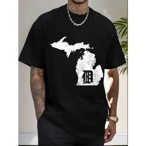 Detroit “D” Mitten T-Shirt – Michigan State Map Cotton Tee for Men, Casual Short Sleeve Graphic Shirt Representing Detroit Pride Alternative Breathable Classic Fabric Menswear Top Tshirt Shortsleeve Garment Long