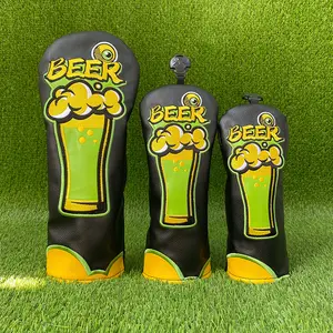 Golf club covers with beer   themed design. Eye  catching black, green and yellow color scheme! Embroidered craftsmanship, suitable for different clubs. Add fun to the golf bag. Practical golf accessories.