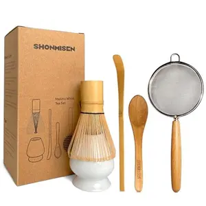 Bamboo Matcha Whisk Set -Matcha Whisk (Chasen),Whisk Holder(White),Sifter,Tea Scoop and Tea Spoon