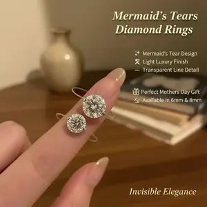 Elegant Mermaid's Tears Diamond Ring with Invisible Design Light Luxury Transparent Line for Women Mom Gift 6mm & 8mm Sizes