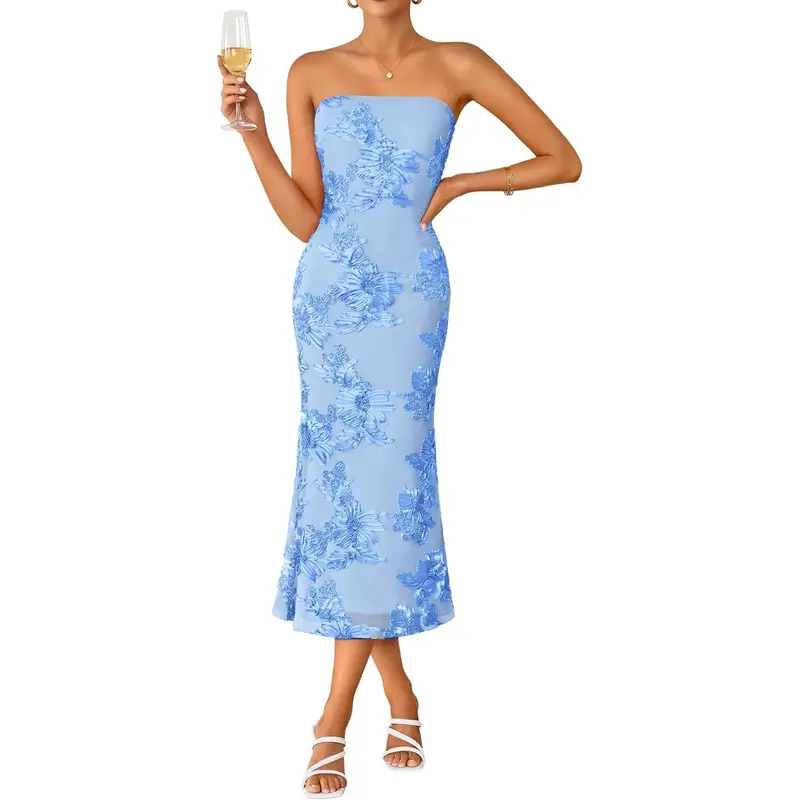 [End‑of‑Season Sale | Limited Time Only]ZESICA Women's 2026 Chic Sleeveless Strapless Floral Mesh Bodycon Midi Dress, Elegant Formal Wear for Wedding Guest Cocktail Party Clothes sohochic, Wedding Guest Dresses, Formal Wedding Guest Dress, Evening, Tube T