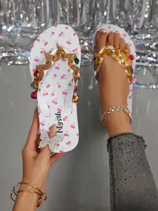 Girls' Cherry Colorful Rhinestone Sandals, Summer Non-Slip Soft Sole Flip Flops, Outdoor Beach Vacation Shoes for Women