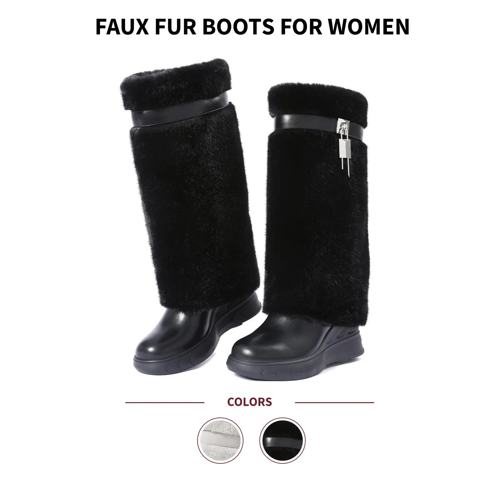 Faux Fur Boots For Women Knee High Round Toe Wedge Heel Pull On Padlock Comfortable Fashion Fluffy Furry Warm Party Dress Casual Outdoor Date Holiday Vacation Travel Platform Booties