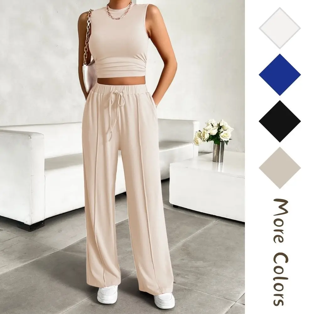 Women Summer Two Piece Outfits Ribbed Knit Crew Neck Sleeveless Cropped Tank Top Wide Leg Sweatpants Tracksuit Lounge Sets