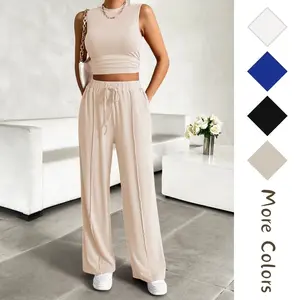 Women Summer Two Piece Outfits Ribbed Knit Crew Neck Sleeveless Cropped Tank Top Wide Leg Sweatpants Tracksuit Lounge Sets