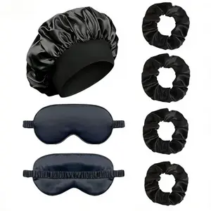 7-Piece Satin Sleep Hair Care Set, Silk Sleep Cap, 2 Eye Masks, 4 Hair Ties, Night Beauty Essentials for Curly Braids Skin Protection, Eye Covers For Sleeping
