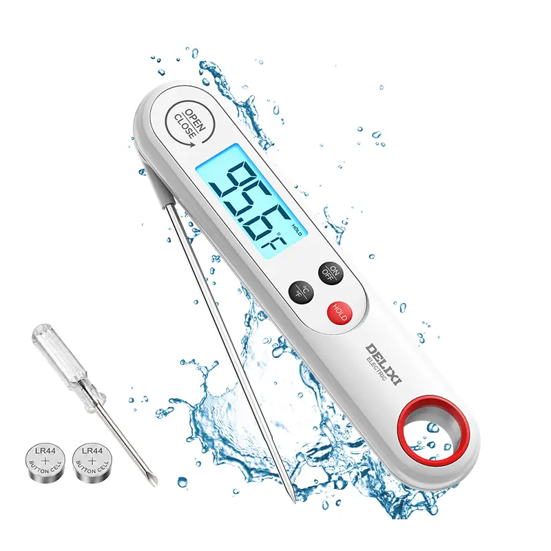 DELIXI Digital Meat Thermometer with Magnetic Back, Waterproof, Backlit Display & Data Hold, Foldable Food Thermometer, Perfect for Grilling, BBQ, Baking, Air Fryer, Cooking Oil, Baby Bath & Water Temperature