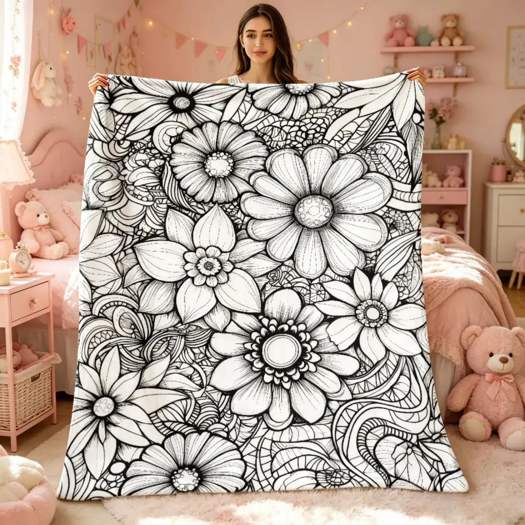 2D Flat Black White Daisy Line Art Modern Art 280gsm Flannel Throw Blanket - Ultra Soft Lightweight All Season for Home,Camping - Digital Print Decor Bedding Gift for Floral Enthusiasts