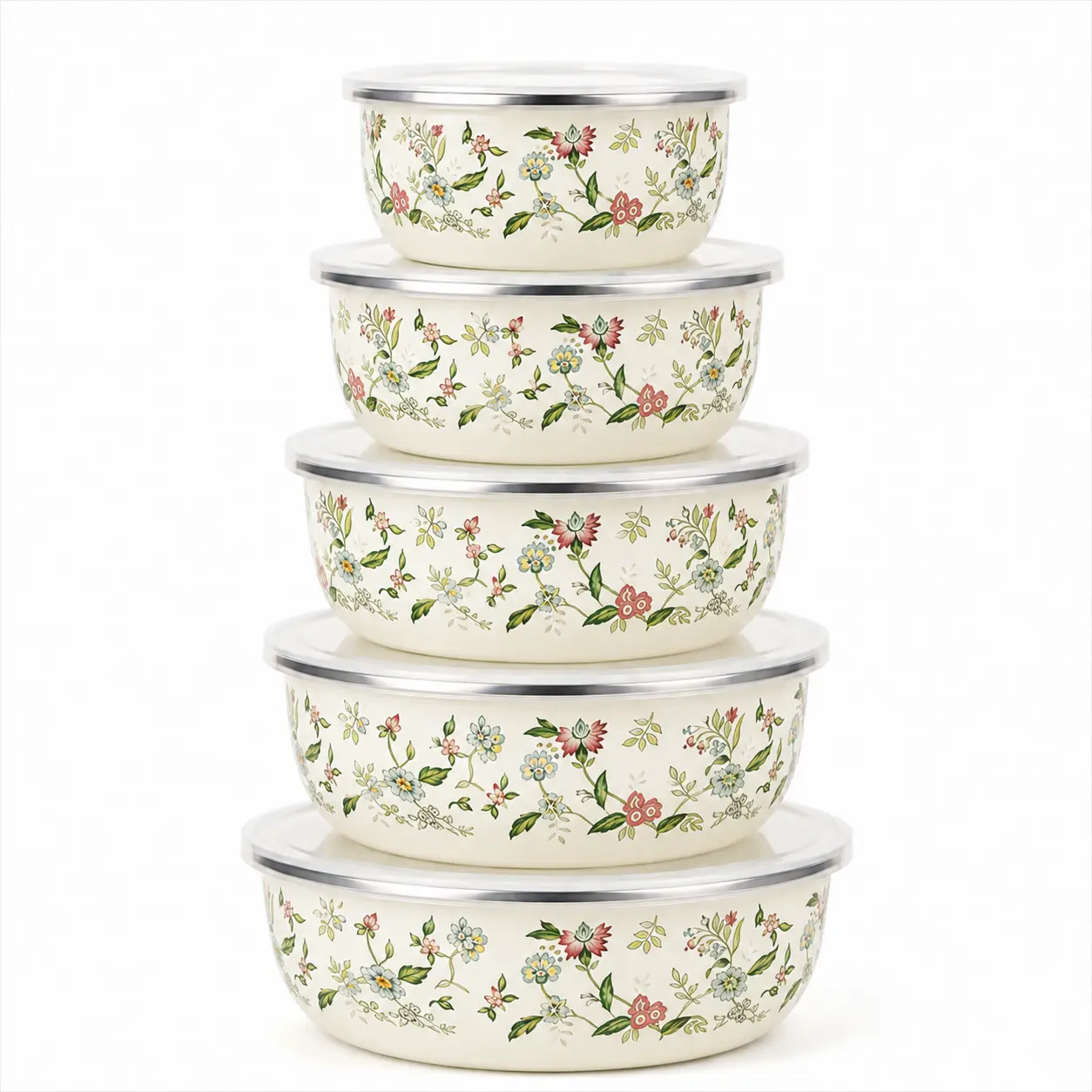 5-Piece Vintage Enamel Bowl Set, Stackable Kitchen Enamel Bowls with Matching Lids for Food Serving and Storage