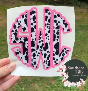 Cow Print Offset Vinyl Initials Double Layer Monogram Decal Laptop,Car, Cup Sticker