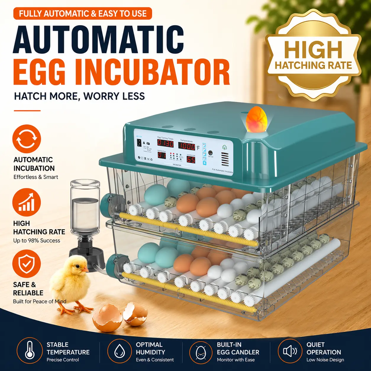 【DealsForYouDays】Professional 120-Egg Incubator with High Hatching Rate Guaranteed | Fully Automatic Egg Turner & Precise Temp Control for All Poultry