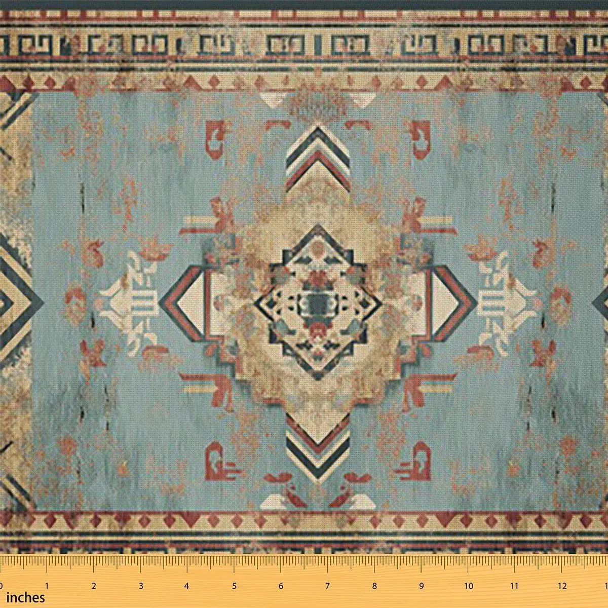 Boho Lattice Fabric,Damask Upholstery Fabric,Boho Retro Bohemian Abstract Grid Farmhouse Decorative Fabric,Teal Yellow Geometric Tribal Indoor Outdoor Fabric
