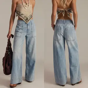 Woman's High Waist Wide Leg Jeans Soft Denim Breathable Comfortable Vintage Loose Pants Elastic Waist Pocket Design Casual Streetwear Chic Summer Fashion Denim Trousers