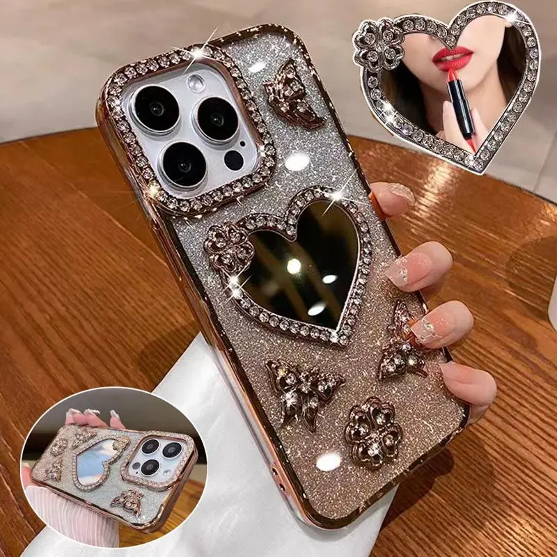 Rhinestone Decor Phone Case with Mirror, Fashion Phone Protective Cover, Phone Accessories Compatible with iPhone 11 12 13 14 15 16 Pro Max, Casing