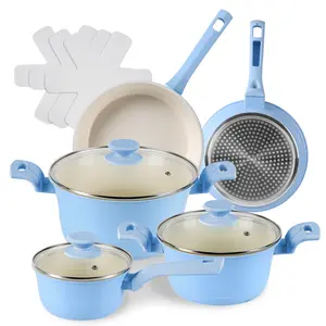 11 pcs Ceramic Cookware in Navy Blue Nonstick Dishwasher Oven Safe RV Camping Cookware Pan Pot with Utensils Non Toxic Materials Complete Set Kitchenware Fry Saucepan Stylish