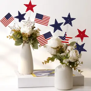 4th of July Decorations 12Pcs Patriotic American Flag Red White Blue Stars Wooden Star Picks for Wreath Table Centerpieces