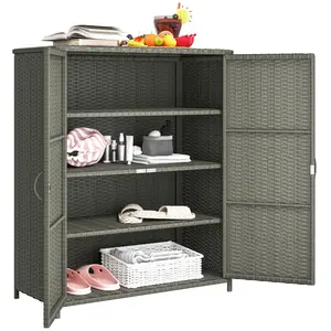 Outsunny Wicker Outdoor Storage Cabinet with Shelves, 4-Shelf Outdoor Pool Towel Cabinet with Two Doors, Rattan Patio Storage Shelves for Garden, Backyard, Porch, Dark Gray