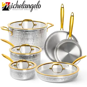 Michelangelo Triply Stainless Steel Pots and Pans Set, 10-Piece Hammered Stainless Steel Cookware Set with Golden Handle, Premium Induction Kitchen Cookware, Oven Safe