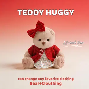 TEDDY HUGGY Cute Teddy Bear Series - 12-Inch Polka Dot Skirt with Red Knitted Cardigan Set, Paired with a Cute Teddy Bear - 12 Inches Tall - Soft Plush Toy with Movable Joints - The Perfect Gift for All Ages. Cuddly Doll Gift, Collectible Soft Animal Toy.