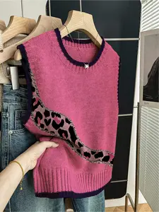 1 Piece Women's Loose Sleeveless Crew Neck Knitted Top, Casual Sleeveless Outerwear, with Dark Blue Trim, Pink Color Block, Spring & Summer Casual Style, Can Be Worn Alone or with a Vest, Suitable for Daily Outdoor Wear Womenswear Knitwear
