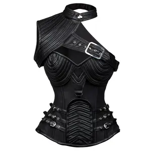 Charmian Women's Steampunk Gothic Heavy Strong Steel Boned Corset with Zipper Medieval Armor Cosplay Costume Satin Faux Leather Blend