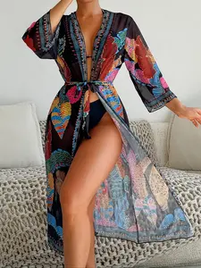 New Arrival Printed Waist Belted Long Sleeve Loose-Fit Sun Protection Cover-Up, Summer Beach Fashion Women's Top, All Seasons Wear, Beach Cover Ups