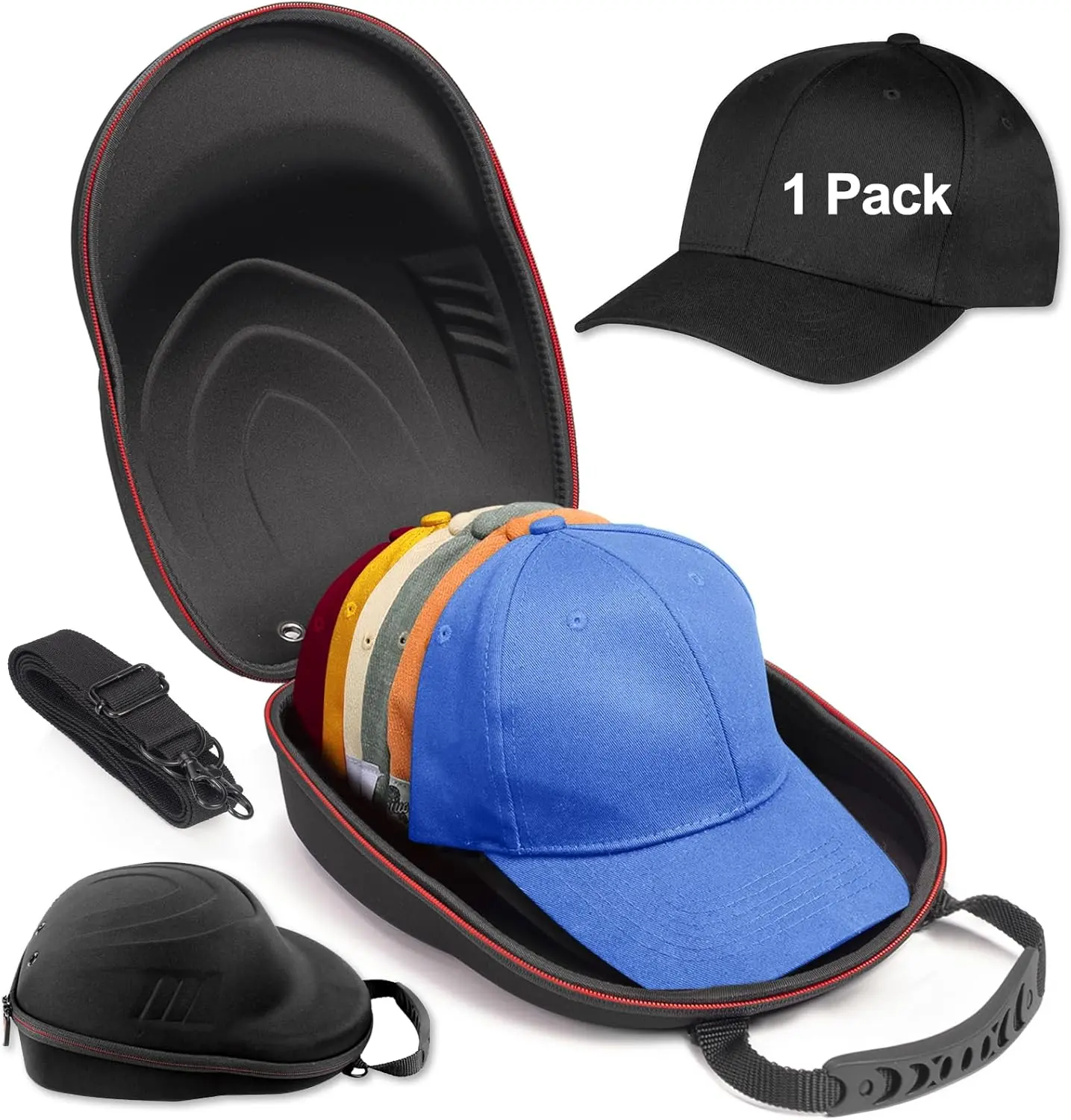 Hard Hat Case for Baseball Caps,Hat Carrier Travel Case with 1 Pack Black Baseball Cap and Adjustable  Strap, Hat Organizer Holder Bag for 6 Baseball Caps for Women and Men - Black
