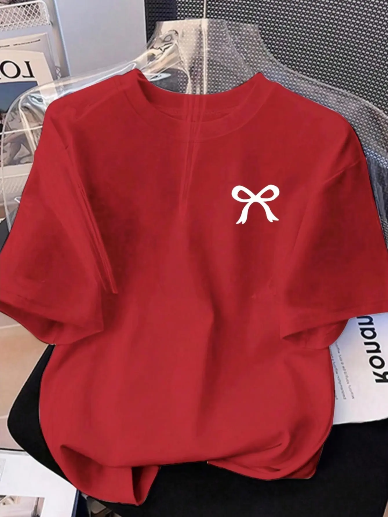Women's 100% Cotton 180g Oversized Loose Crew Neck Tshirt - Minimal White Bow Print, Red Solid Thick Fabric, Girly Coquette Aesthetic, Casual Daily Streetwear Outfits Top, S-3XL Plus Size Comfy Minimalist Tee