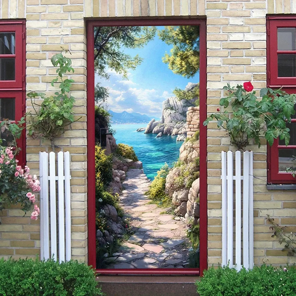 2pcs   Mediterranean Coastal Landscape Wall Sticker Self Adhesive Removable Waterproof Mural for Living Room Bedroom Natural Scenery Home Decor Decal Sea View Wall Art Decorative Sticker  Collage Self