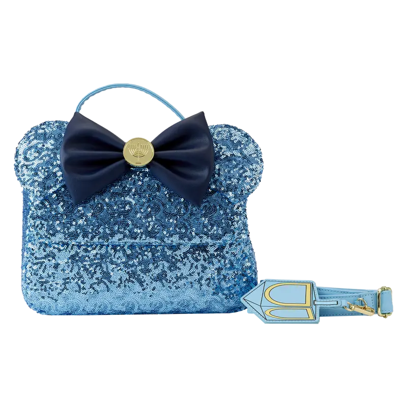 Minnie Mouse Hanukkah Crossbody Bag, Women's Sequin Vegan Leather Portable Shoulder Bag with Dreidel Charm and Menorah Bow