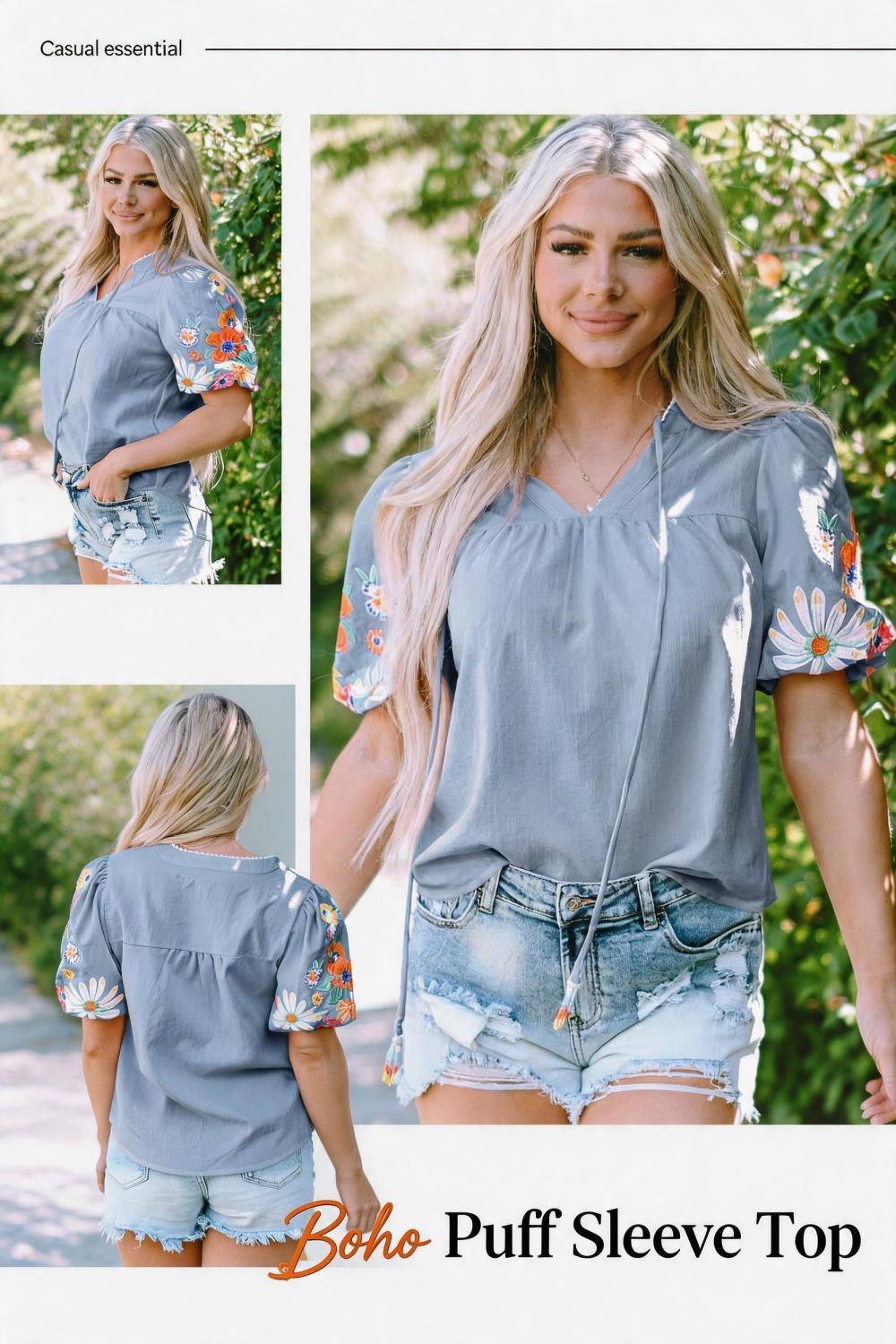 Women's Boho Floral Embroidered Blouse - Feminine V-Neck Tassel Tie Puff Short-Sleeves Crinkle Crepe Summer Shirt with Style Inspo