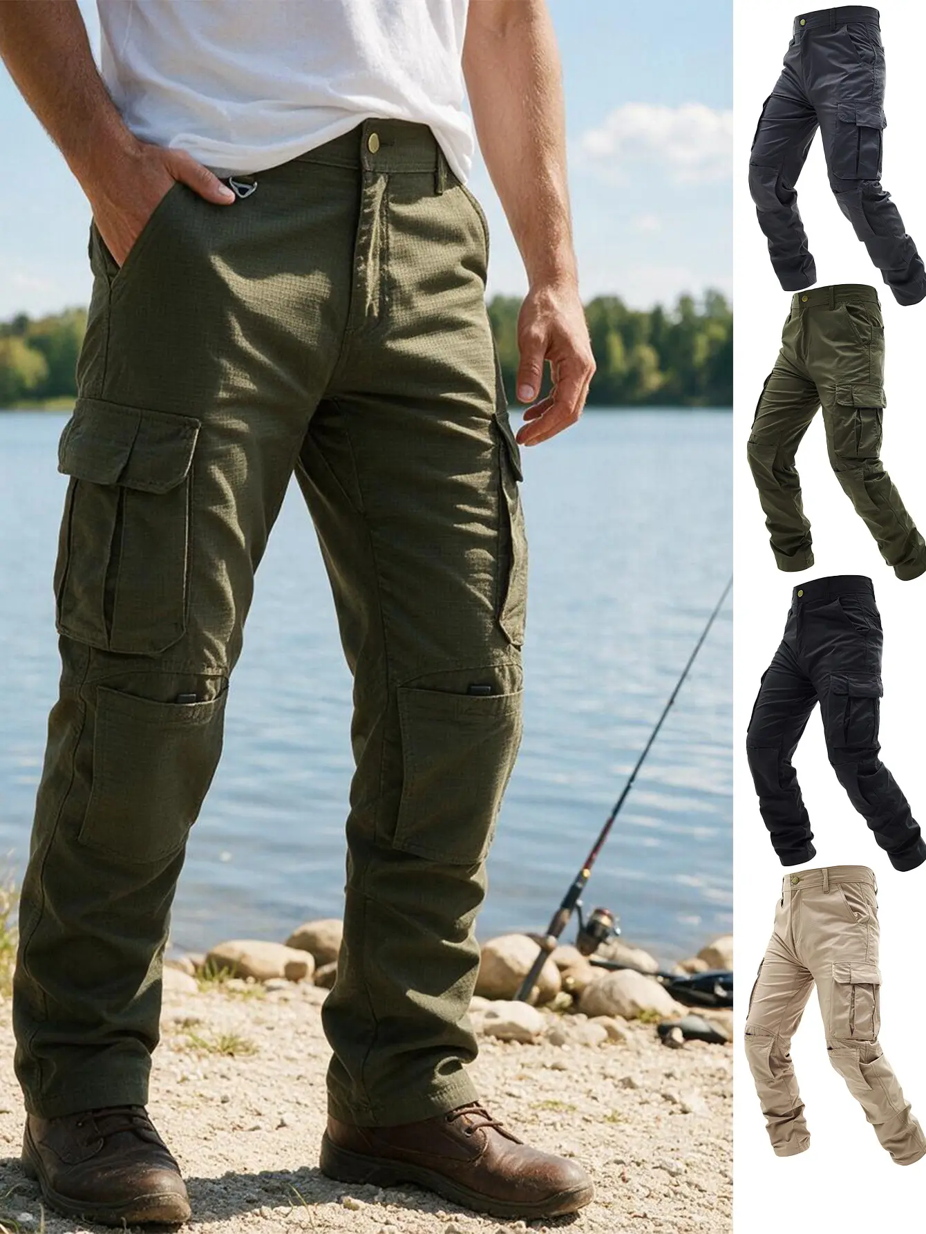 Men's Multi-Pocket Cargo Pants - Wear-Resistant Straight Trousers for Hiking, Construction Work, 4 Classic Solid Color Options
