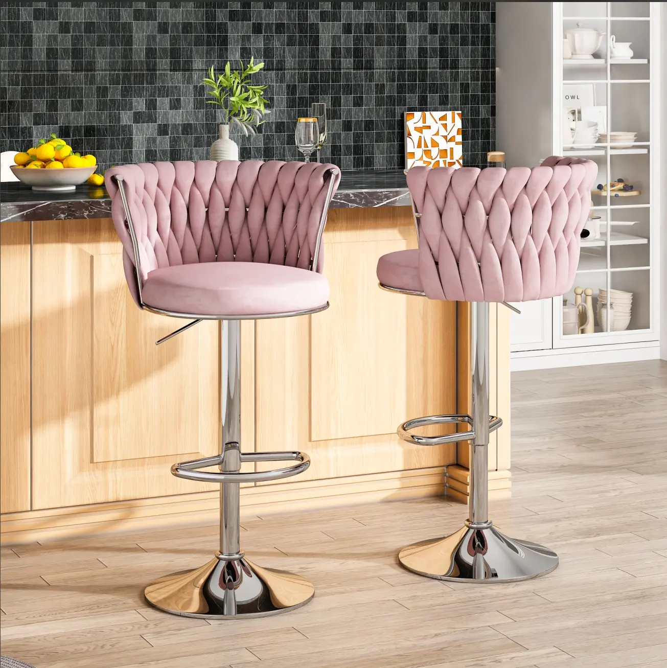 AWQM Velvet Bar Stools Set of 2, Modern Swivel Bar Chairs with Adjustable Height, Upholstered Kitchen Island Chairs in Beige, Black, or Grey