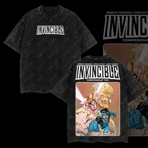 SuperStyle Men's Apparel, "Compendium 2" Mark vs Thraxan Invincible War Comic Oversize Lightweight Acid Washed Short-Sleeve Seamless Round Neck Soft Double Printed TV Series Graphic T-Shirt
