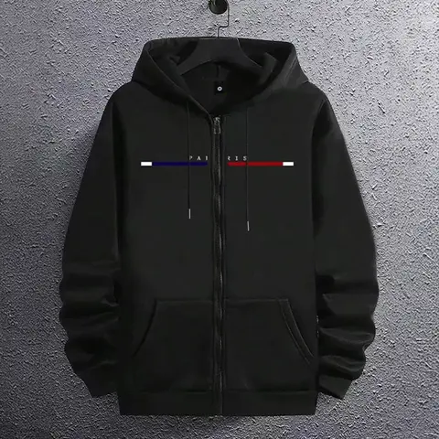 Men's Stylish Paris Stripe Zip-Up Hoodie Sweatshirt - Streetwear Essential, Casual Vibe Menswear Top for Pairing with Jeans (Black, Medium)