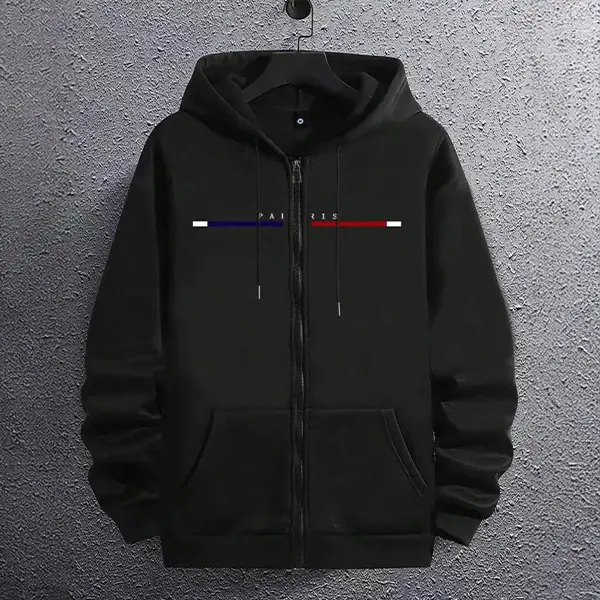 Men's Stylish Paris Stripe Zip-Up Hoodie Sweatshirt - Streetwear Essential, Casual Vibe Menswear Top for Pairing with Jeans (Black, Medium)