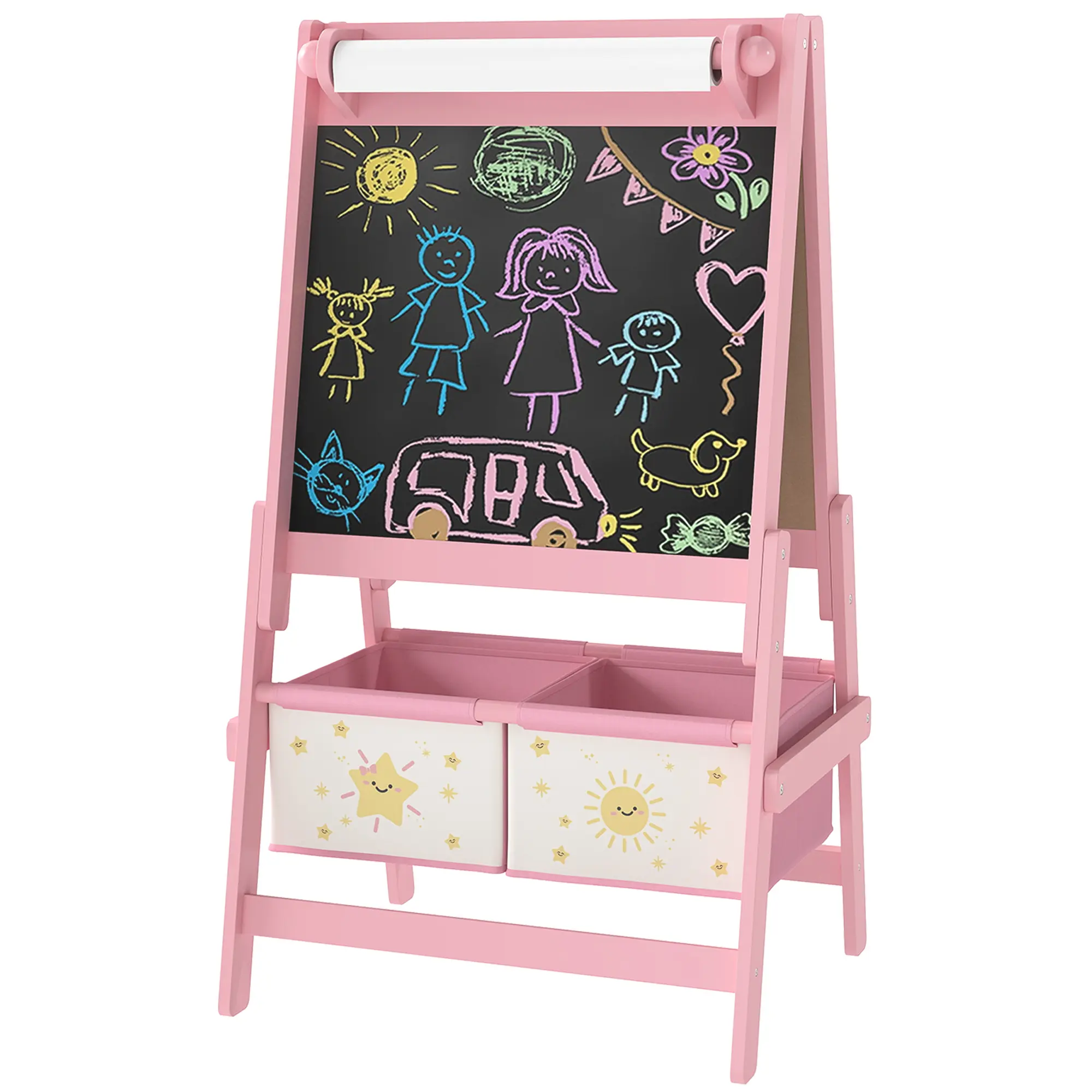 Kids' Art Easel - Double-Sided Whiteboard & Chalkboard, Paper Roll, Storage Baskets, Pink Planning Board for 3-8 Year Olds, Home & Playroom