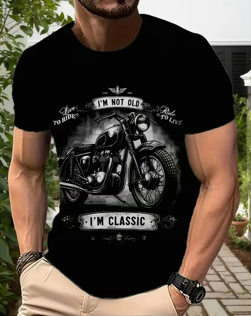 [Retro Motorcycle Print] Print Design - Not Texture Men's Retro Style Motorcycle Pattern Print Short Sleeve Round Neck T-Shirt, Fashionable Summer Top for Outdoor Activities