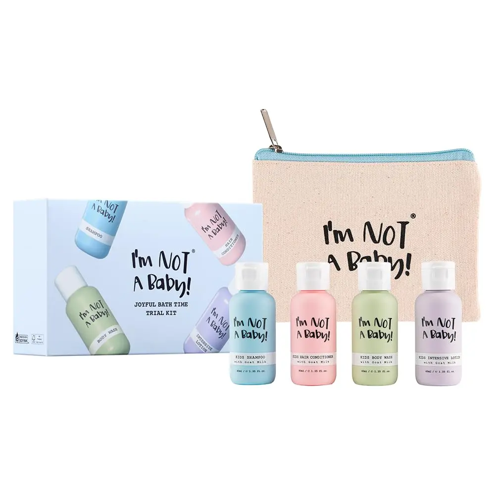 I'M NOT A BABY Joyful Bath Time Body Care Trial Kit - Kids Shampoo, Conditioner, Body Wash & Lotion Set with Goat Milk, 4-Piece