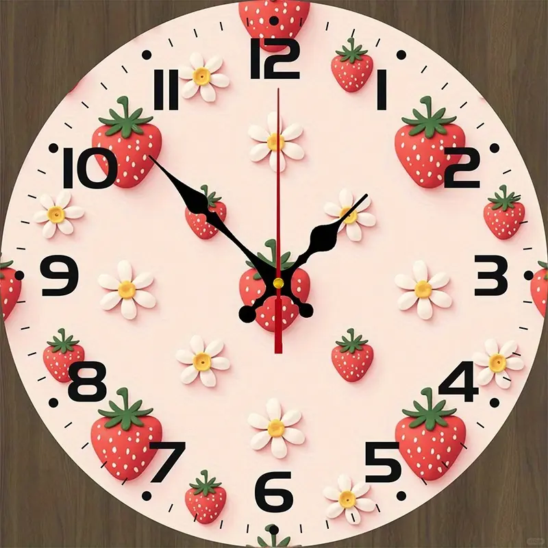 Round White Imitation Wood Wall Clock Featuring Strawberry And Daisy Floral Design, Battery-Operated (AA Batteries Not Included), Suitable for Decorating Living Rooms, Bedrooms, And Offices with a Clear Display