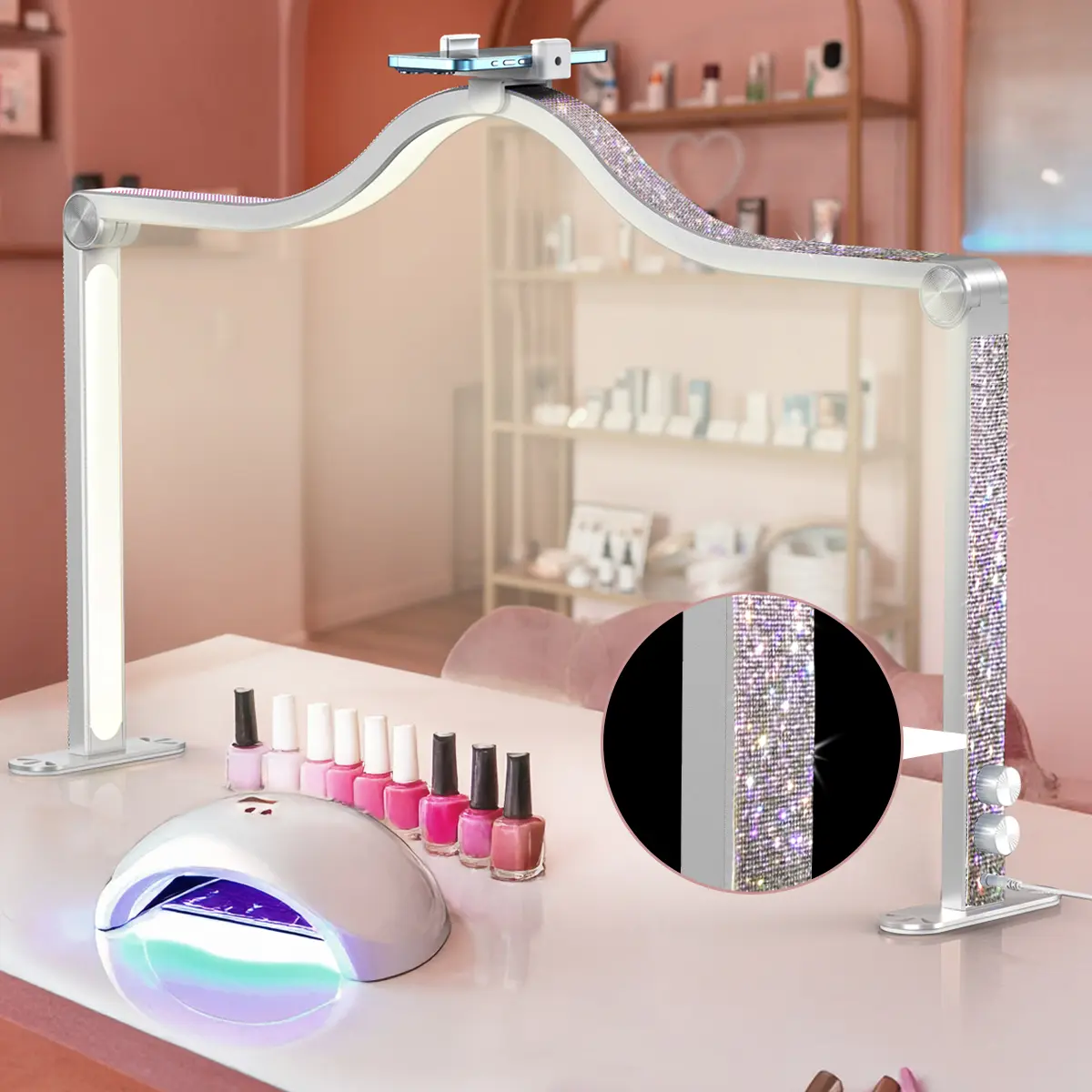 Moon Light for Nail Desk, Foldable Square Nail Tech Lamp, Dimmable Half Moon Nail Light with Holder for Manicure, Lash Eyelash Extension, Tattoo, Eyebrows, Crafts
