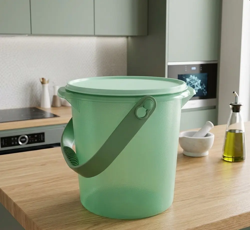 8.5L Green Polypropylene Handle Bucket with Lid - Home Supplies Storage Container, Includes Lid, Secure and Convenient for Daily Household Use