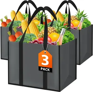 Reusable Grocery Bags with Handles - 3 Pack, 35L Large Shopping Bags for Groceries, Water-Resistant & Foldable Grocery Totes for Lasting Use for Kitchen, Market, Car Trunk, Picnic (Gray)